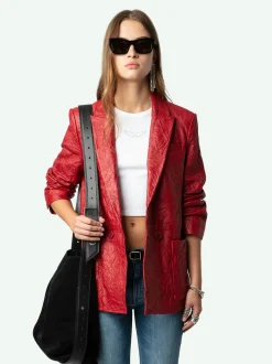 Shop Zadig & Voltaire Visko Crinkled Leather BlazerNEW Crimson
